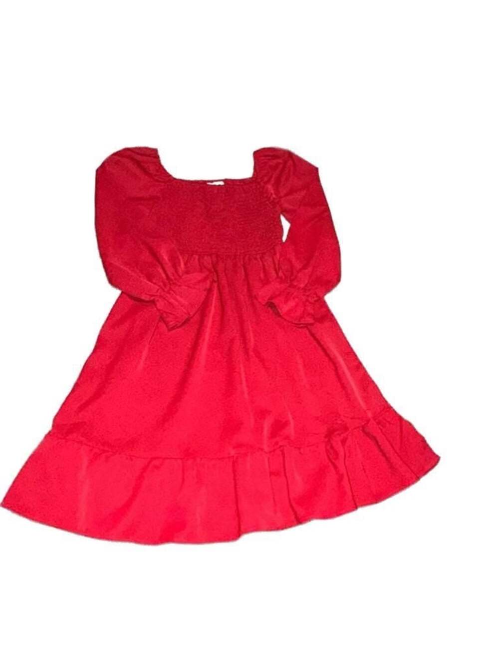 BesserBay girls Red Long Sleeve Smocked Square Neck Ruffle Hem drese